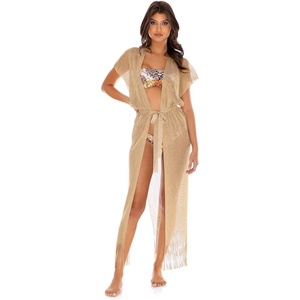 image:imageLuli Fama Womens Golden Queen Fringe Long Kimono Swim Cover Up Gold Rush One